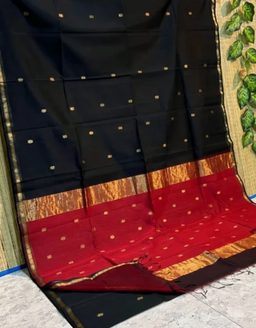 Handloom Maheshwari Cotton Silk Sarees - Black with Maroon Pallu