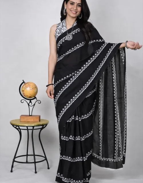 Bagru Block Print Cotton MulMul Sarees with Blouse - Black and White Mulmul Cotton Saree