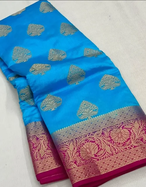 Semi Tussar Silk Sarees with Blouse - Turquoise Blue