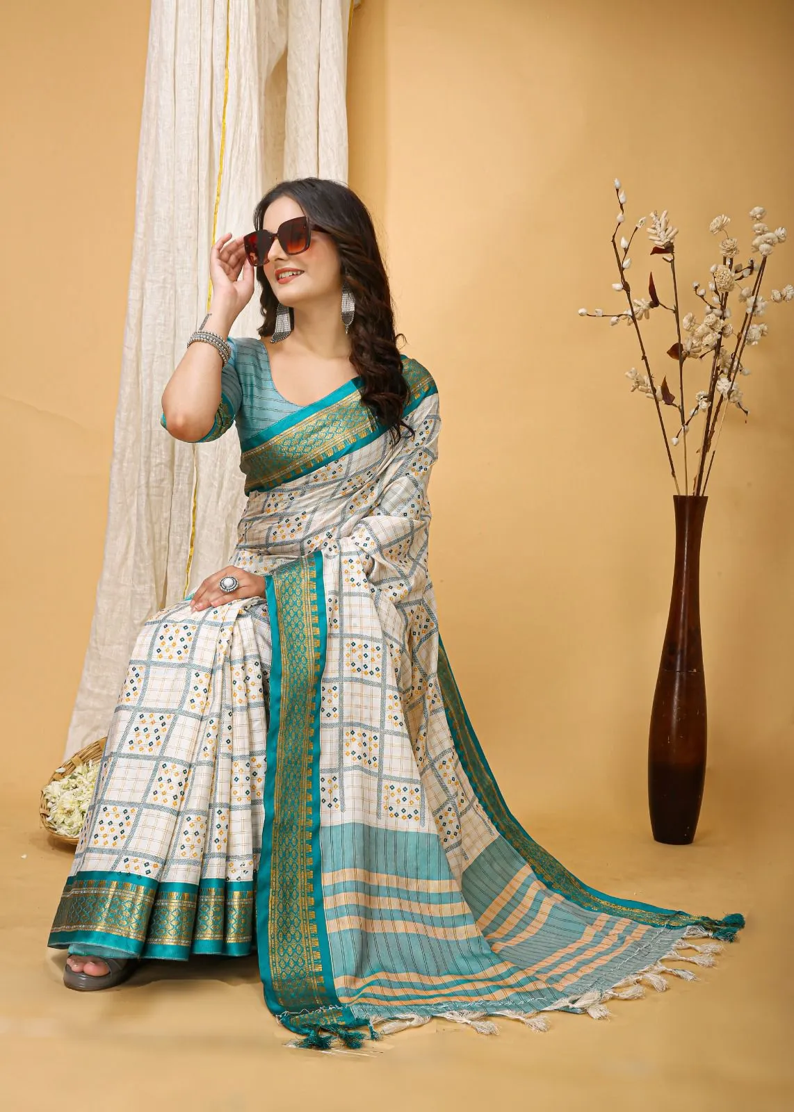 Ivory & Teal Checked Cotton Silk Saree with Zari Border