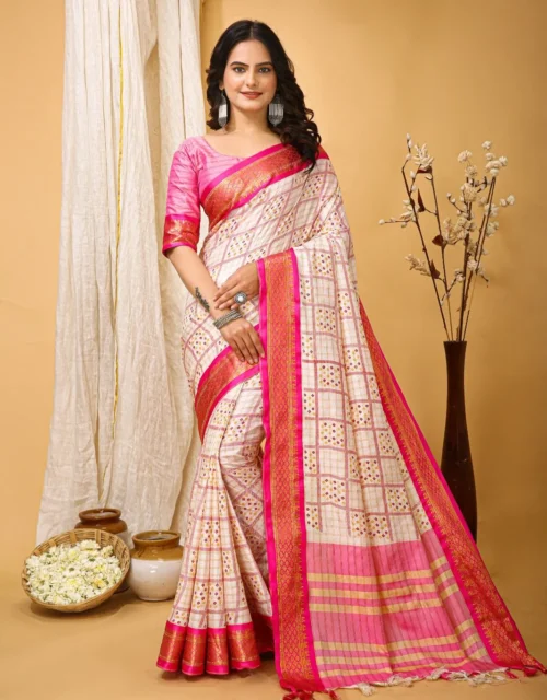 Ivory & Pink Checked Cotton Silk Saree with Zari Border