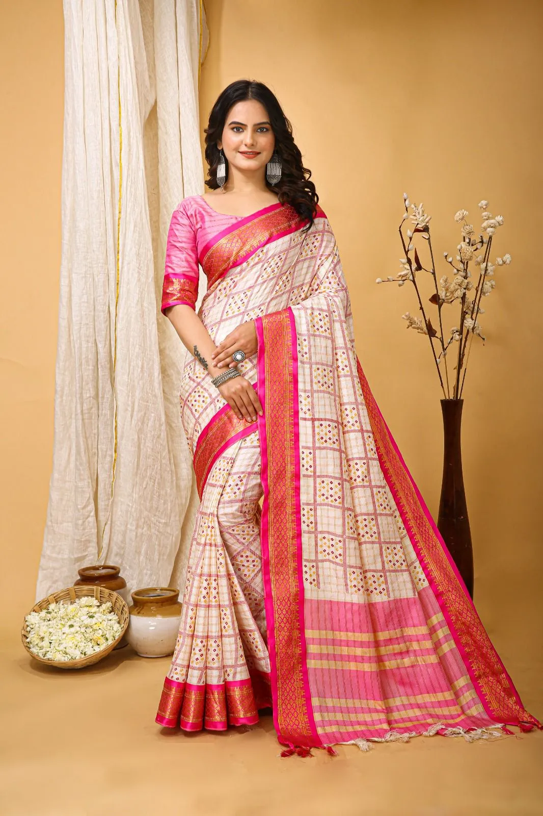 Ivory & Pink Checked Cotton Silk Saree with Zari Border