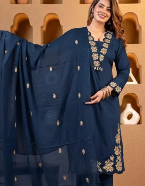 Navy Blue Embroidered 3-Piece Kurta Set with Dupatta