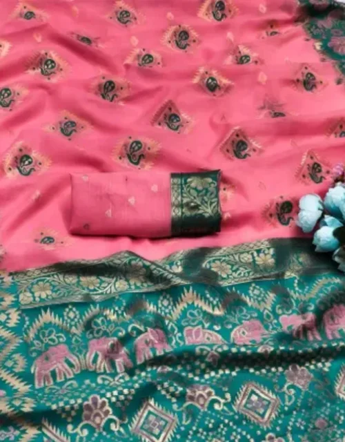 Blush Pink & Peacock Teal Cotton Silk Saree with Beautiful Contrast Peacock Border and tassels