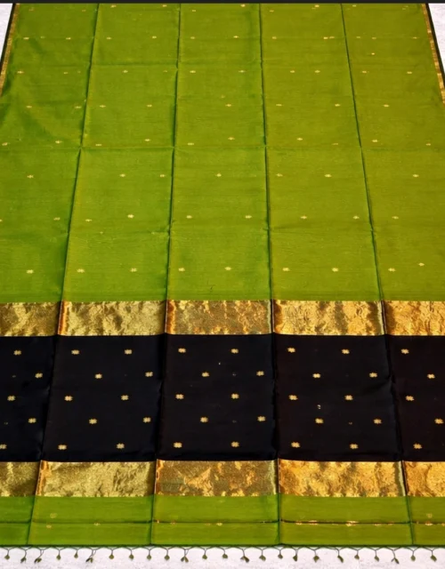 Handloom Maheshwari Cotton Silk Sarees - Green with Black Pallu