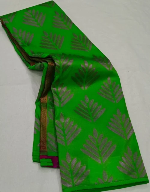 Green & Magenta Semi Silk Saree with Silver Leaf Motifs and Blouse
