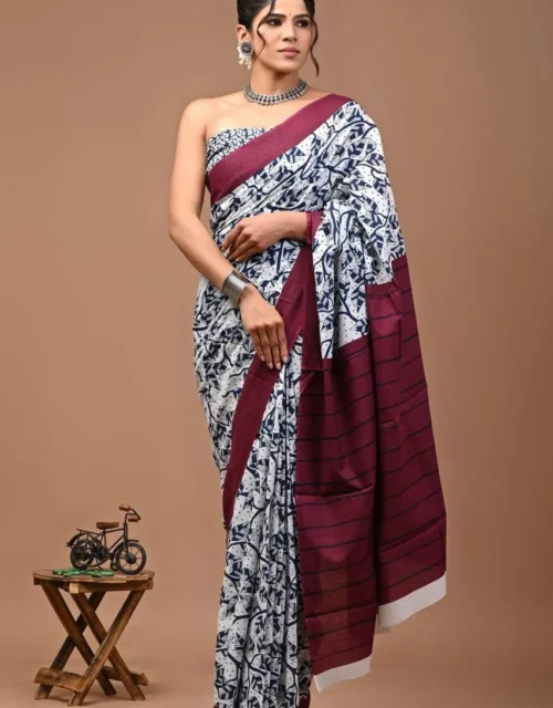 Bagru Block Print Cotton MulMul Sarees with Blouse - White and Navy Blue Pattern