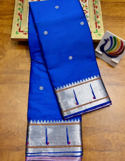 Royal Blue Muniya Designer Paithani Saree with Silver Zari Border