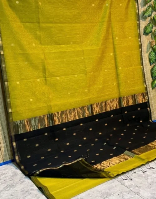 Handloom Maheshwari Cotton Silk Sarees - Mustard Yellow with Black Pallu