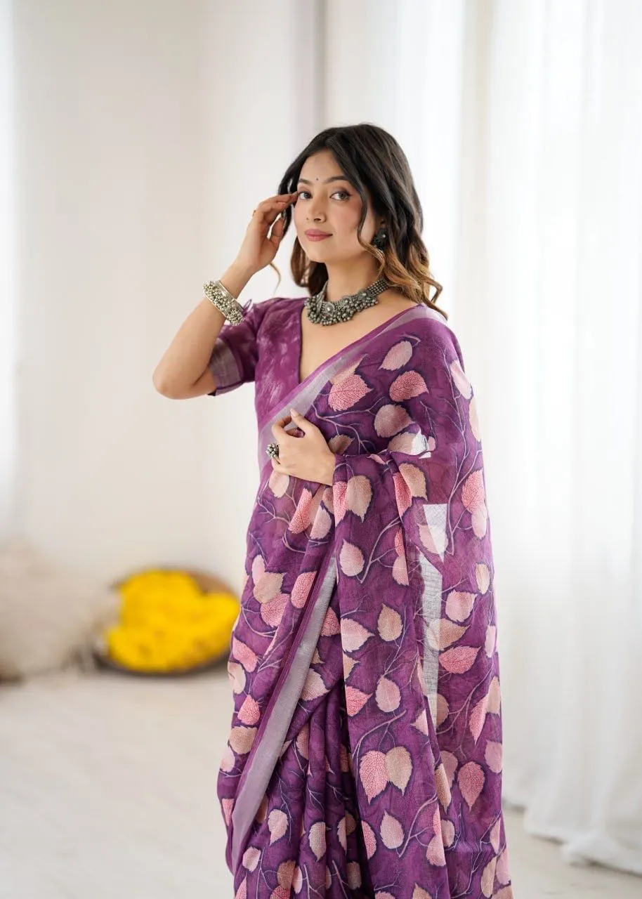 Plum Purple Linen Saree with Soft Leaf Motif Print