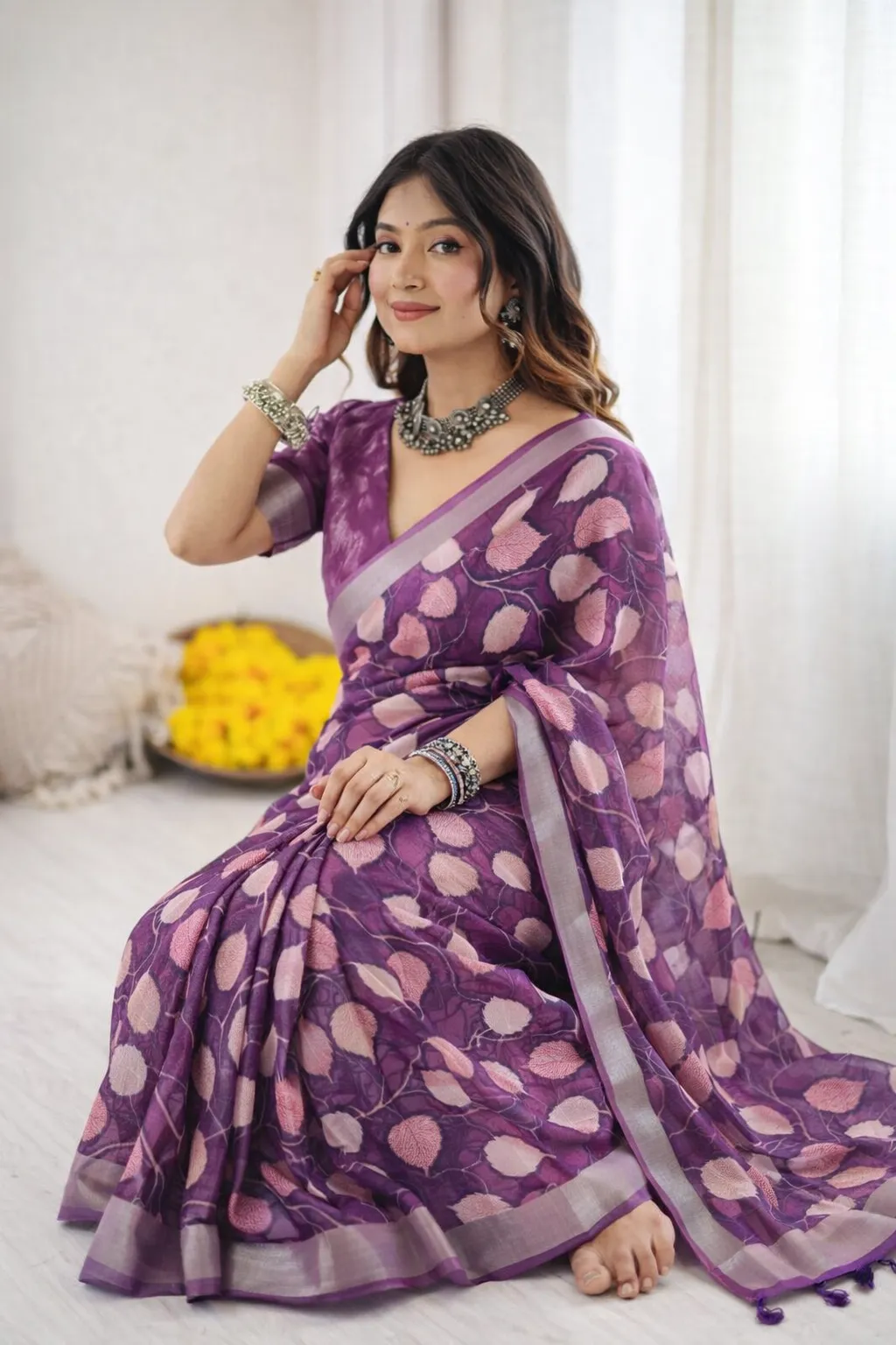 Plum Purple Linen Saree with Soft Leaf Motif Print - Image 3