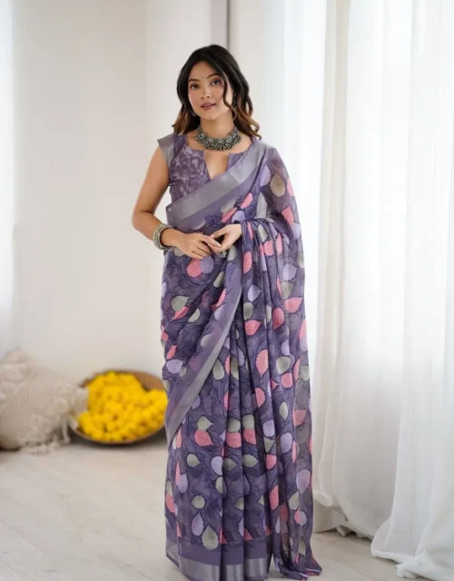 Lavender Grey Floral Linen Saree with Soft Pastel Motifs