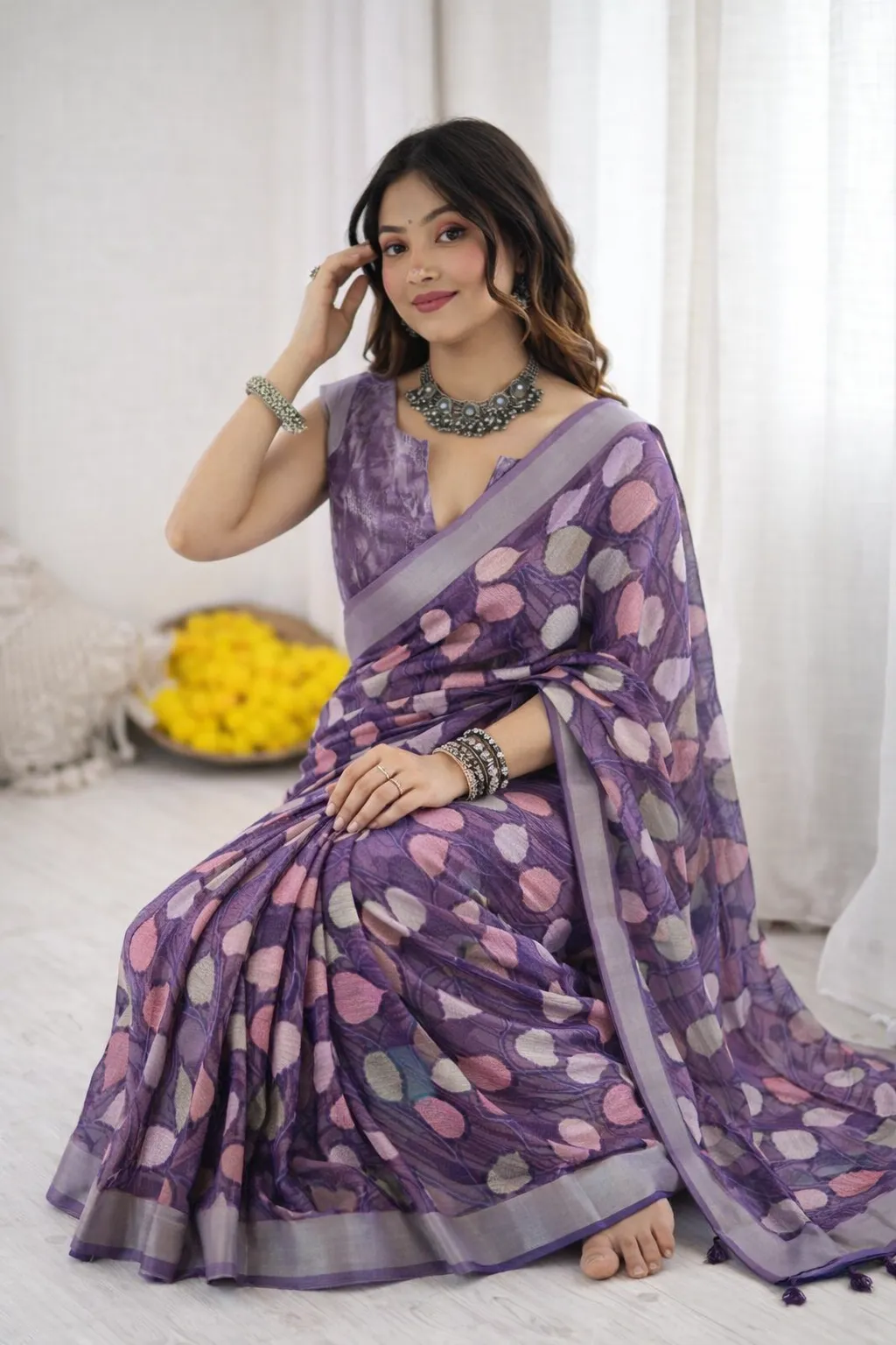 Lavender Grey Floral Linen Saree with Soft Pastel Motifs - Image 3