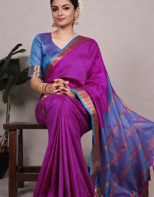 Magenta & Peacock Blue Poly Cotton Saree with Gold Zari Border