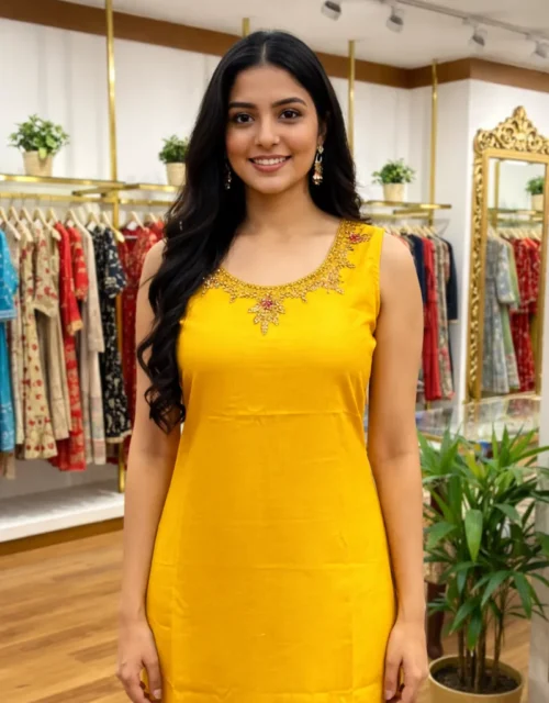 Mustard Yellow Sleeveless/Sleeves Vertican Silk Kurti with Embroidered Neckline