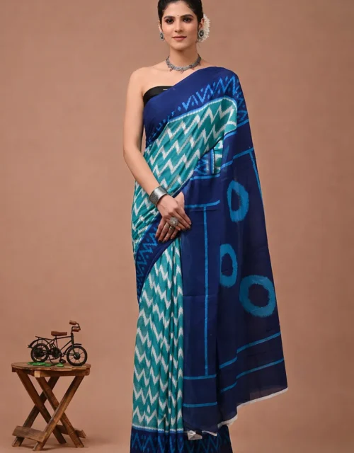 Bagru Block Print Cotton MulMul Sarees with Blouse - Indigo and Teal