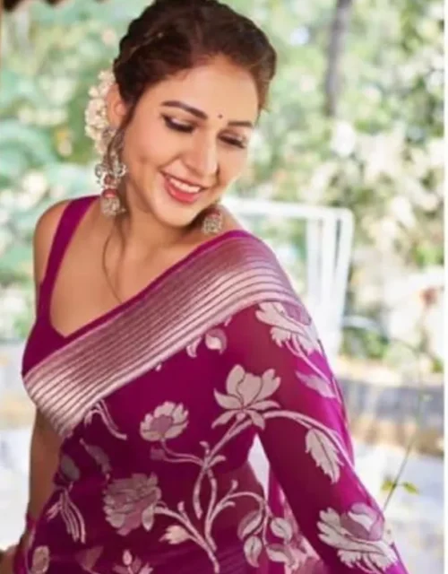Wine Purple Saree with Antique Gold Zari Floral Pallu
