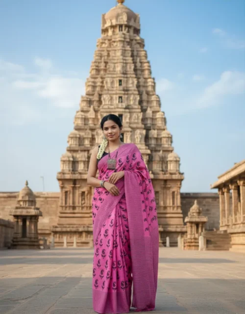 Bagru Block Print Cotton MulMul Sarees with Blouse - Bright Pink