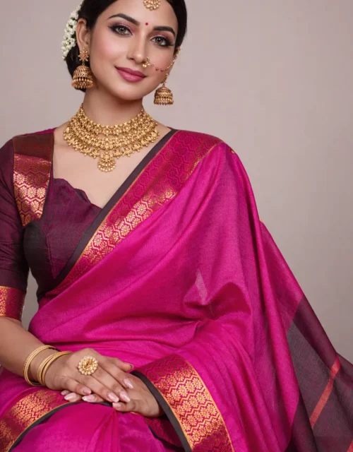 Rani Pink Poly Cotton Saree with Gold Zari Border