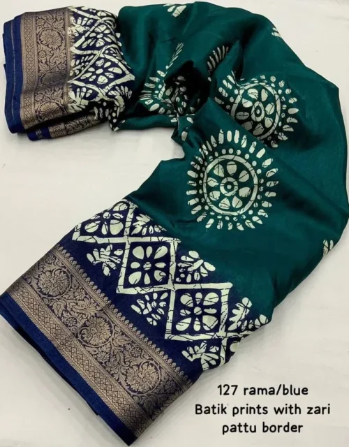 Rama Blue Batik Print Saree with Rich Zari Pattu Border