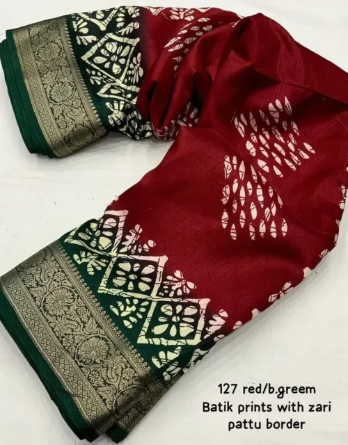 Maroon & Bottle Green Batik Print Saree with Elegant Zari Pattu Border