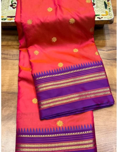 Traditional Narayanpet Paithani Saree - Coral Red