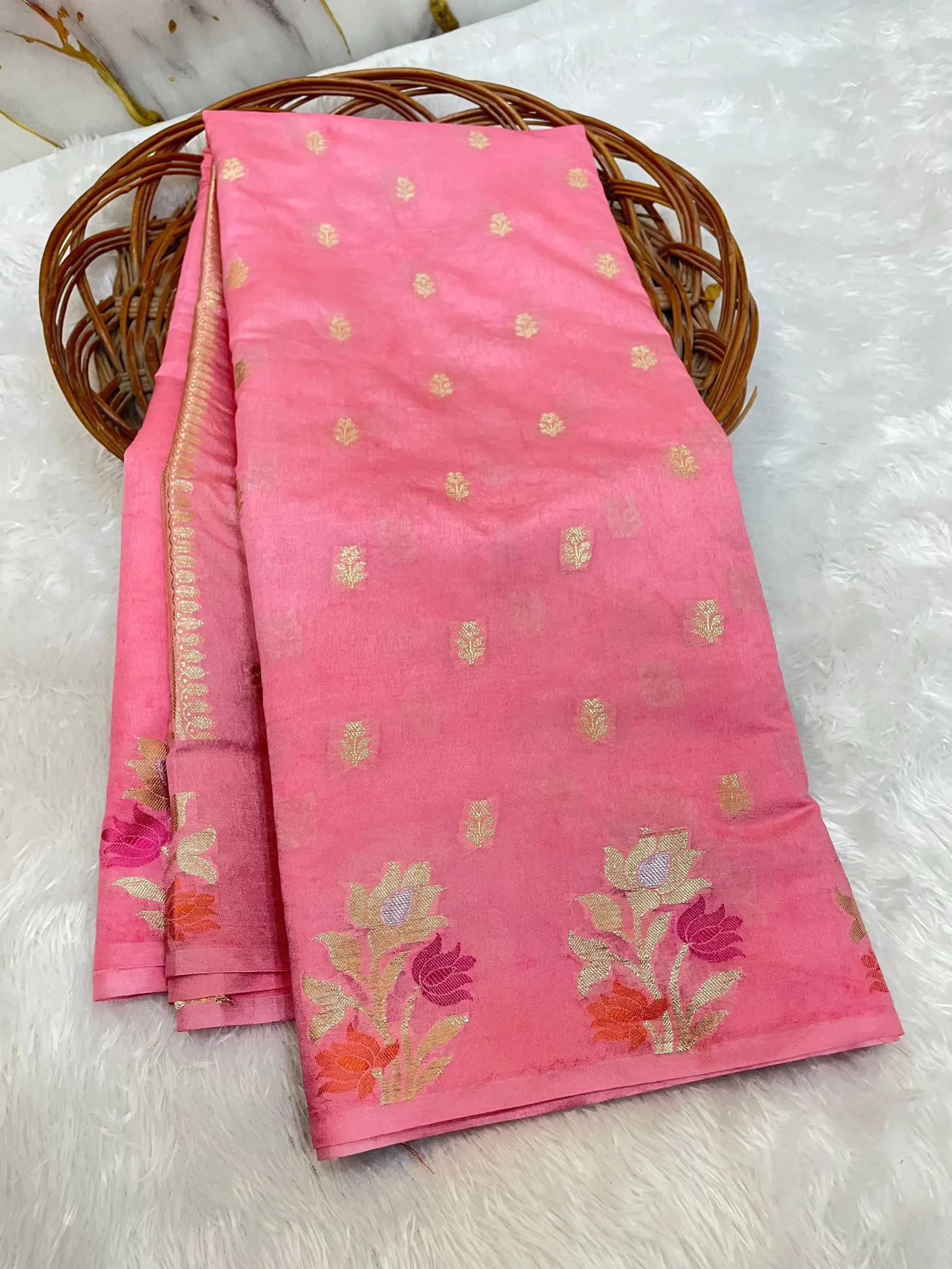 Pink Raw Mango Banarasi Silk Saree with Golden Zari Motifs