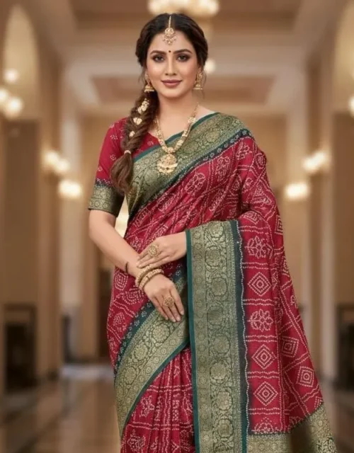 Classic Red Bandhani Print Saree with Teal Green & Antique Gold Border