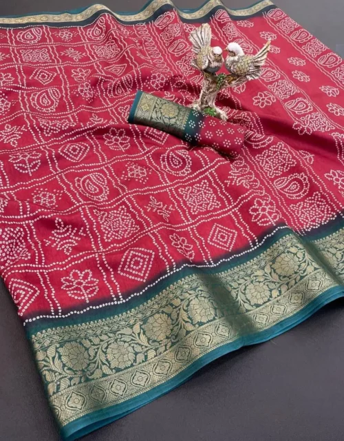 Classic Red Bandhani Print Saree with Teal Green & Antique Gold Border