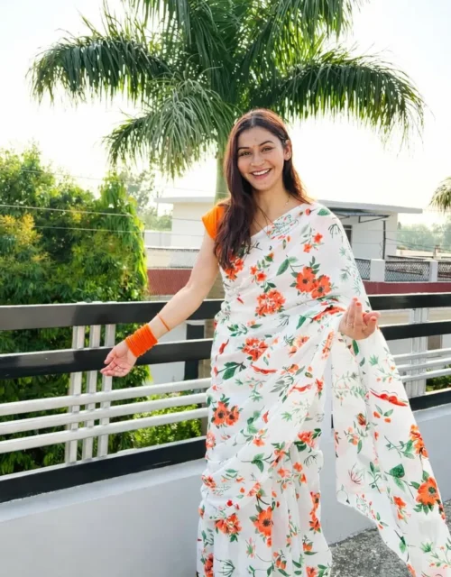 Bagru Block Print Cotton MulMul Sarees with Blouse - White and Orange Floral