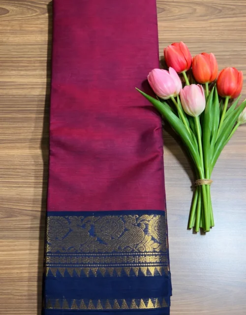 Kanchi Cotton with Zari Border without Blouse - Deep Maroon with Royal Blue Border