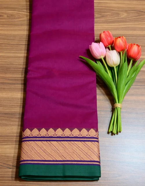 Kanchi Cotton with Zari Border without Blouse - Magenta with Purple and Green