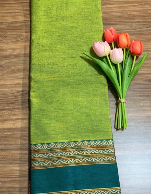 Kanchi Cotton with Zari Border without Blouse - Parrot Green with Purple and Pink Border