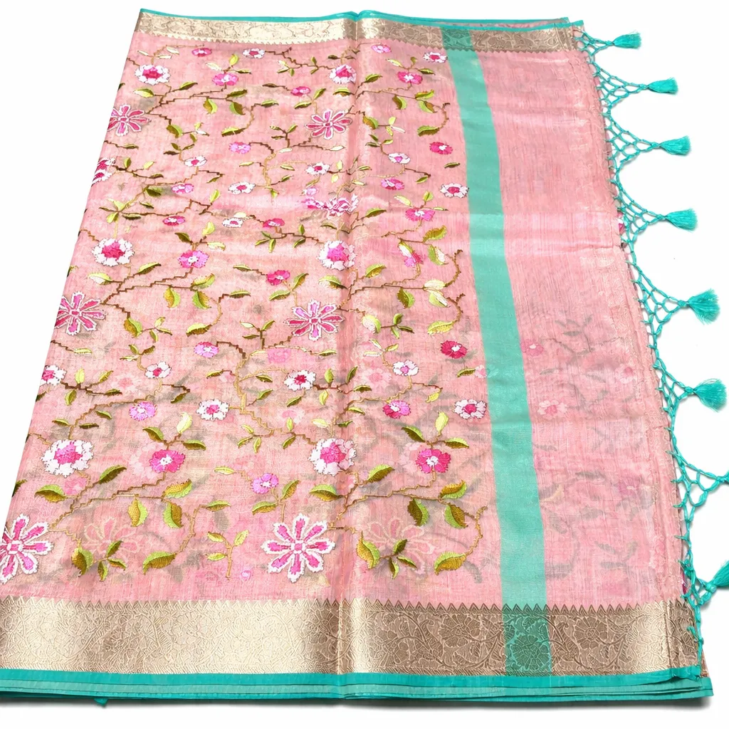 Blush Pink Jute Silk Tissue Saree with Floral Embroidery & Aqua Border - Image 3