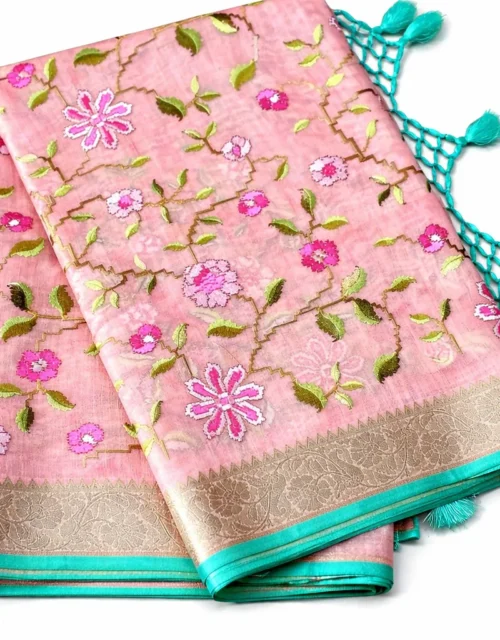 Blush Pink Jute Silk Tissue Saree with Floral Embroidery & Aqua Border