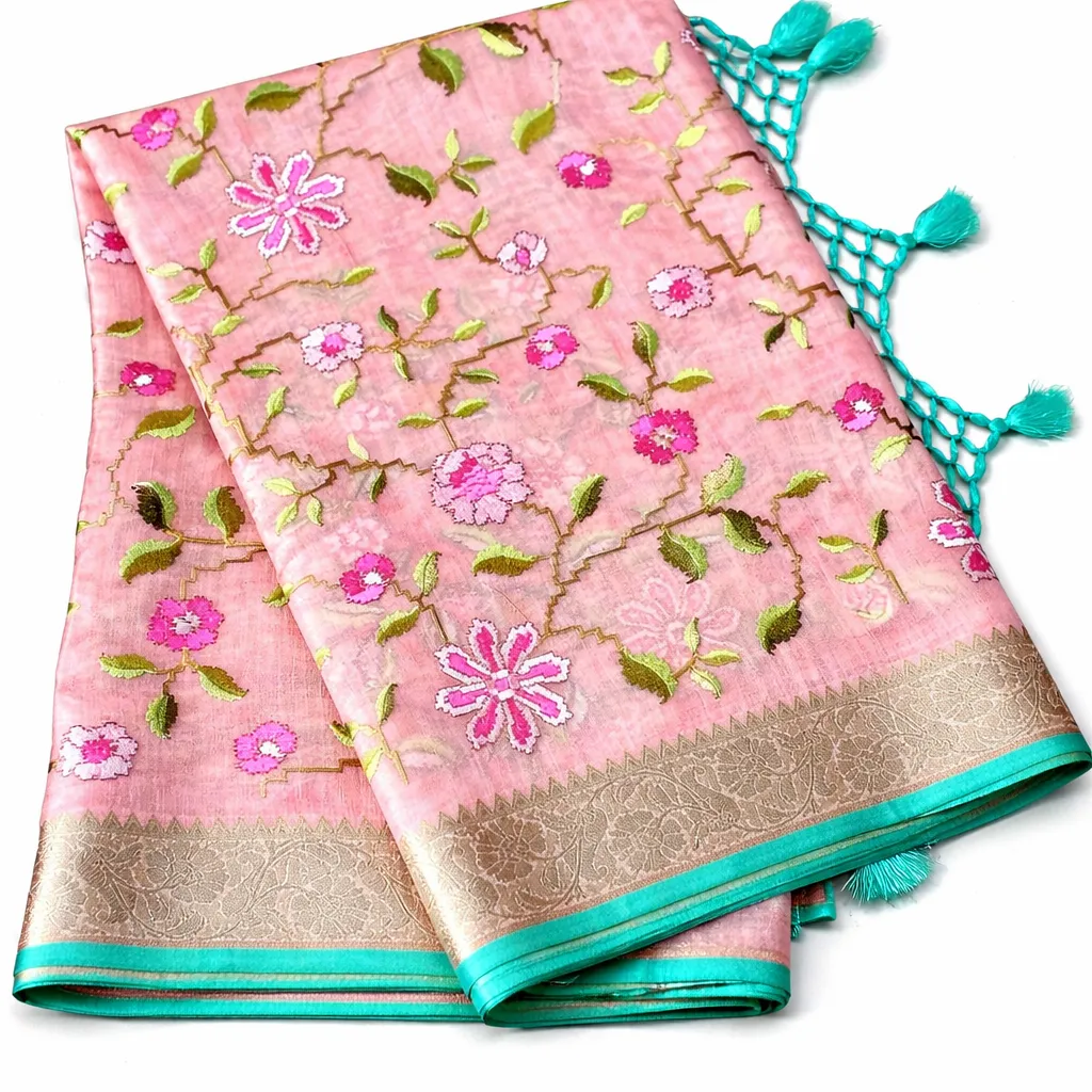 Blush Pink Jute Silk Tissue Saree with Floral Embroidery & Aqua Border