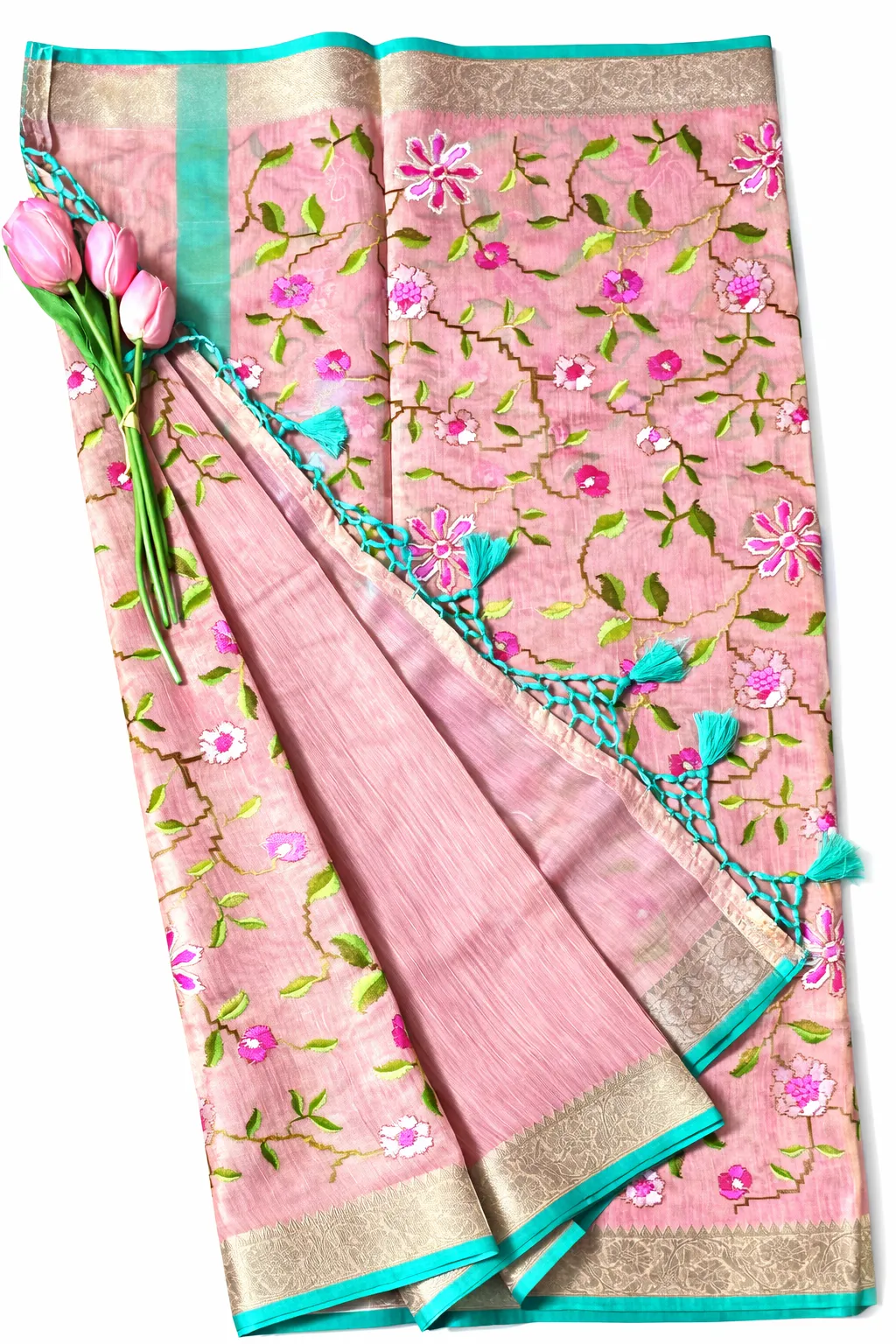 Blush Pink Jute Silk Tissue Saree with Floral Embroidery & Aqua Border - Image 4