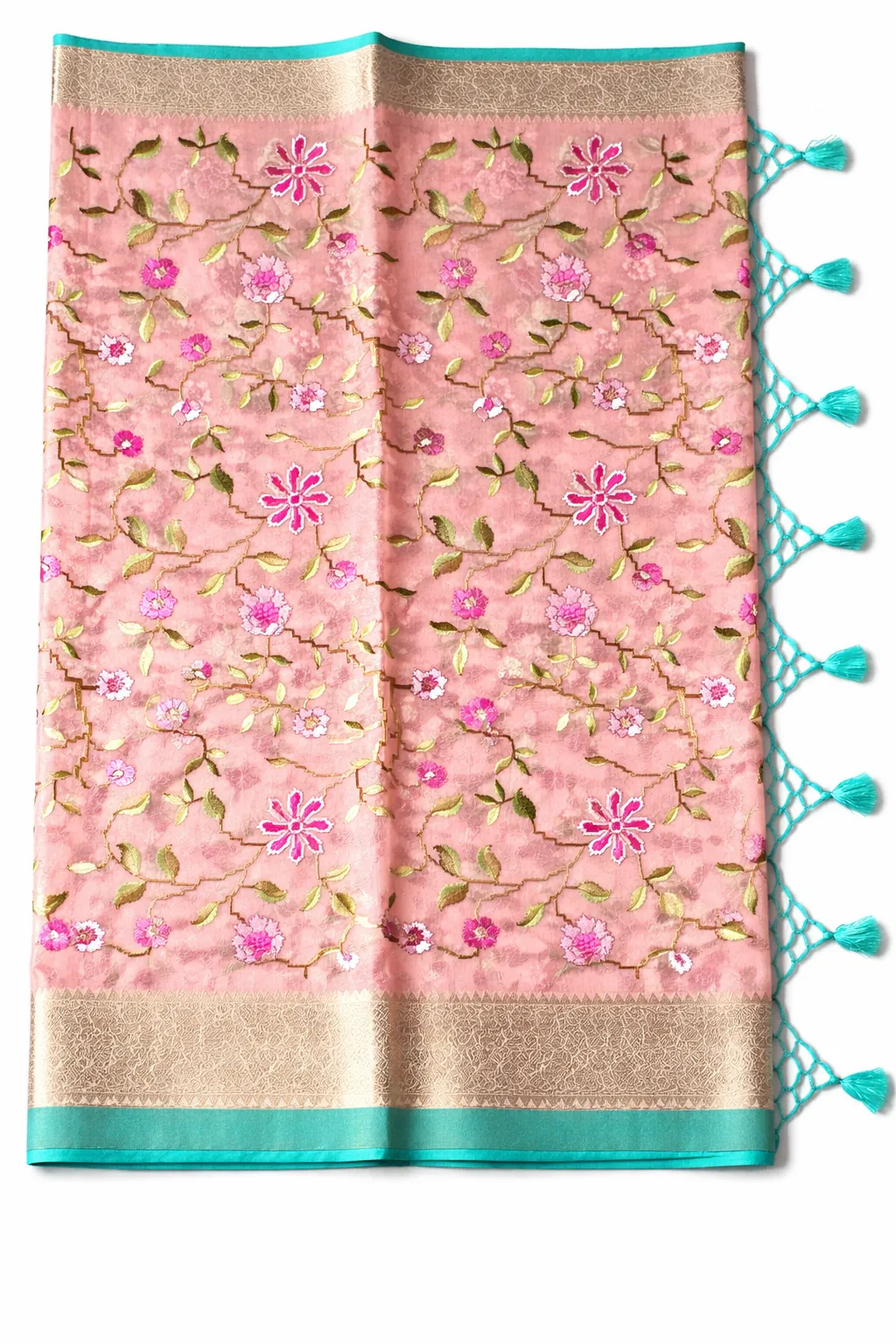Blush Pink Jute Silk Tissue Saree with Floral Embroidery & Aqua Border - Image 5