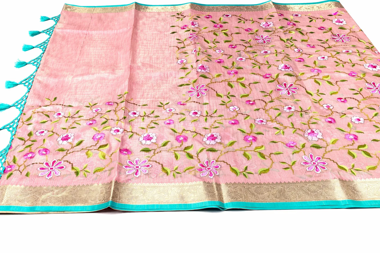 Blush Pink Jute Silk Tissue Saree with Floral Embroidery & Aqua Border - Image 6