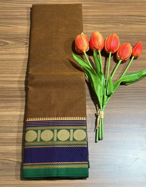 Kanchi Cotton with Zari Border without Blouse - Chocolate Brown with Blue and Green Border
