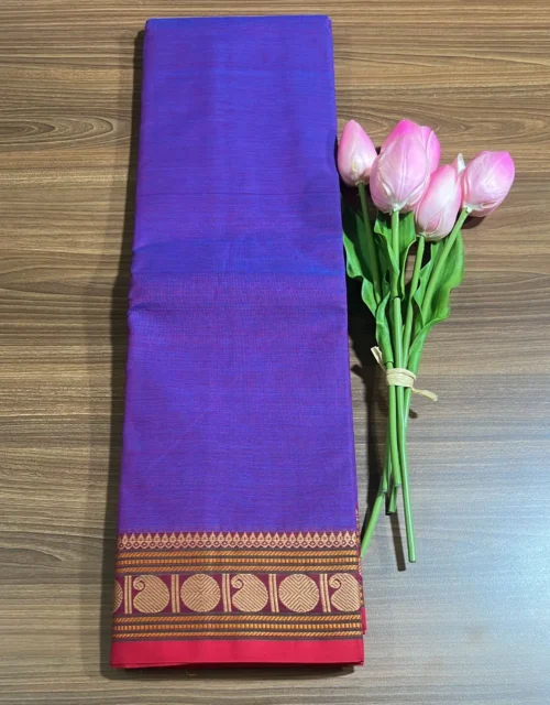 Kanchi Cotton with Zari Border without Blouse - Violet tone with Pink Border