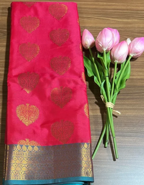 Kanchipuram Soft Silk with Jakkad Blouse - Bright Pink with Teal Blue