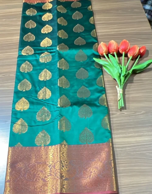 Kanchipuram Soft Silk with Jakkad Blouse - Bottle Green with Rust Orange