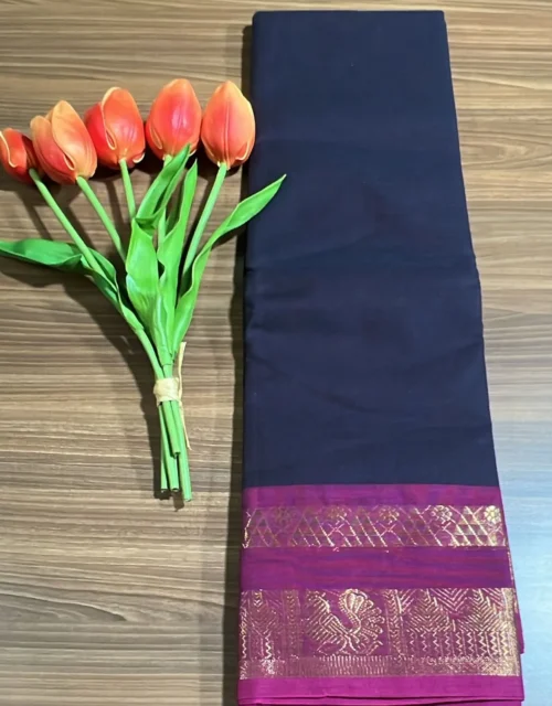 Kanchi Cotton with Zari Border without Blouse - Dark Navy Blue with Pink Border