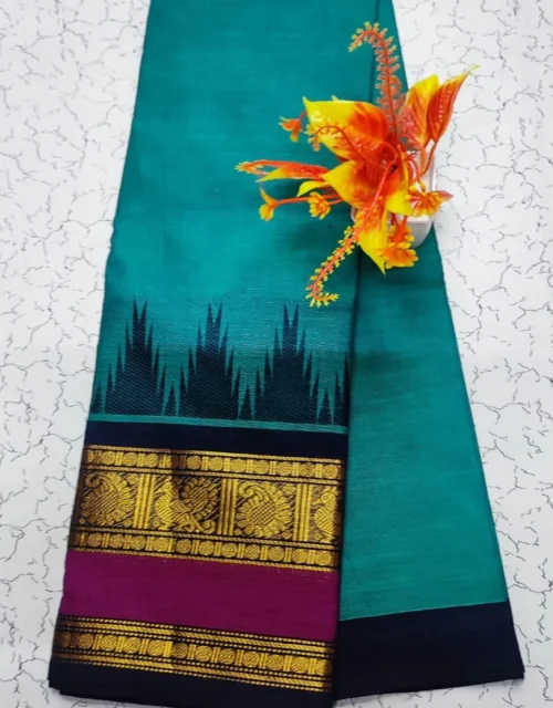 Kanchi Cotton with Zari Border without Blouse - Teal Green with Navy Blue and Magenta Border