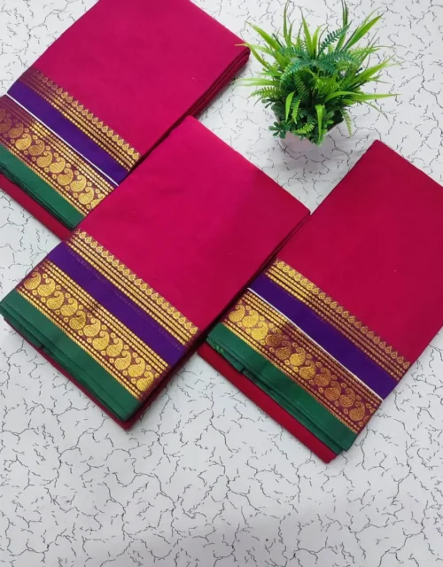 Kanchi Cotton with Zari Border without Blouse - Deep Pink with Purple Border