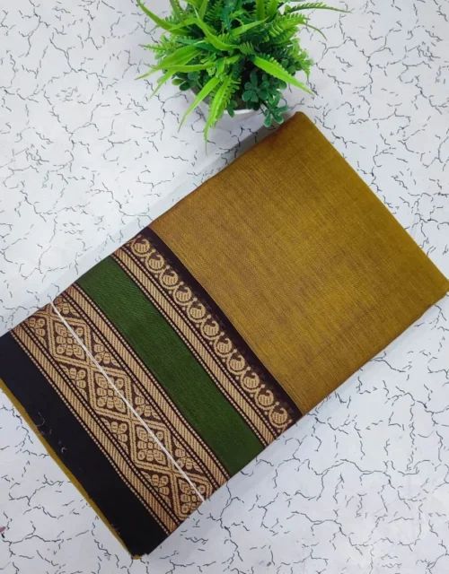Kanchi Cotton with Zari Border without Blouse - Mustard Brown with Dark Green