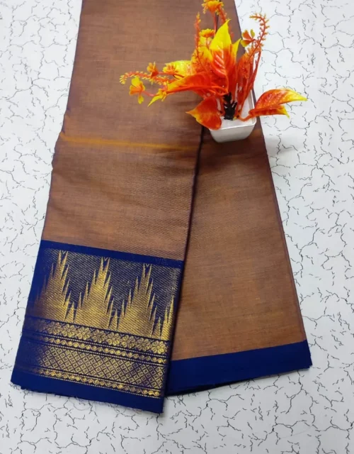 Kanchi Cotton with Zari Border without Blouse - Coffee Brown with Royal Blue