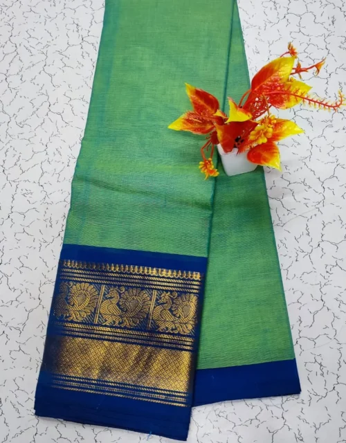 Kanchi Cotton with Zari Border without Blouse - Sea Green with Royal Blue Border