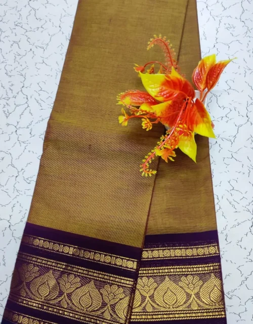 Kanchi Cotton with Zari Border without Blouse - Brown with Deep Purple Border
